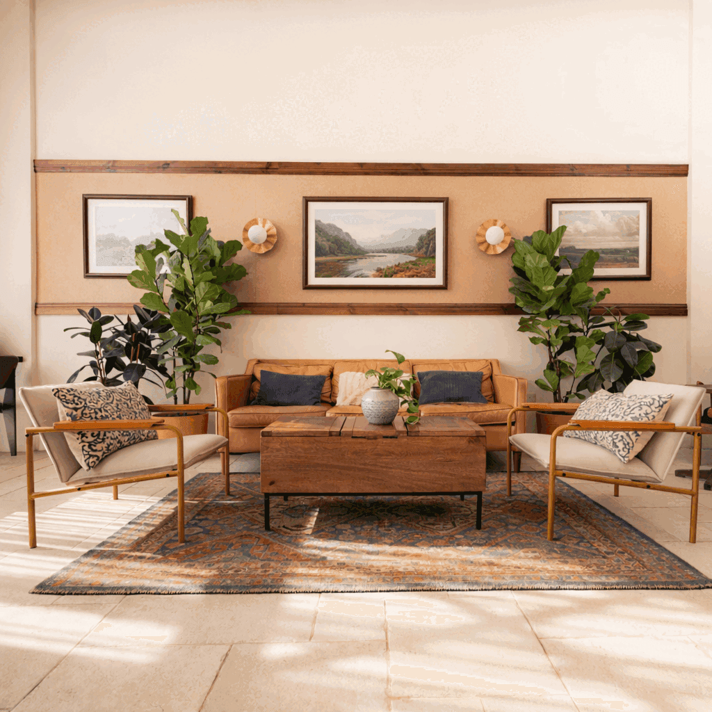 Atmosphere interior — fiddle-leaf plants, vintage couch, framed landscapes